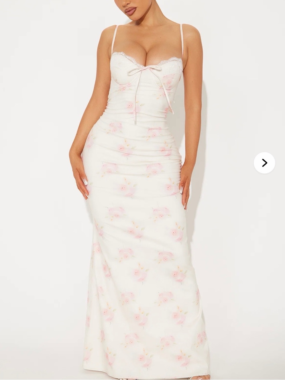 Fashion Nova Floral Lace Trim Slip Dress with Bow - White/Pink